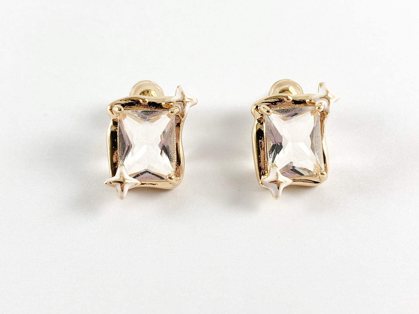 Dazzling Emerald Cut Gold Earring Studs in 18K Gold Plated Over Brass Earrings 3 PAIRS