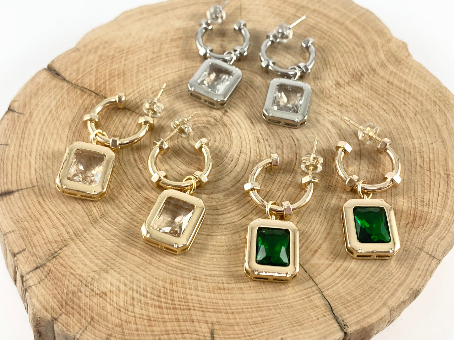 Chic Rectangle Green Clear CZ Pave Dangle Hoop Huggies in 18K Gold or Silver plated over copper 3 pairs