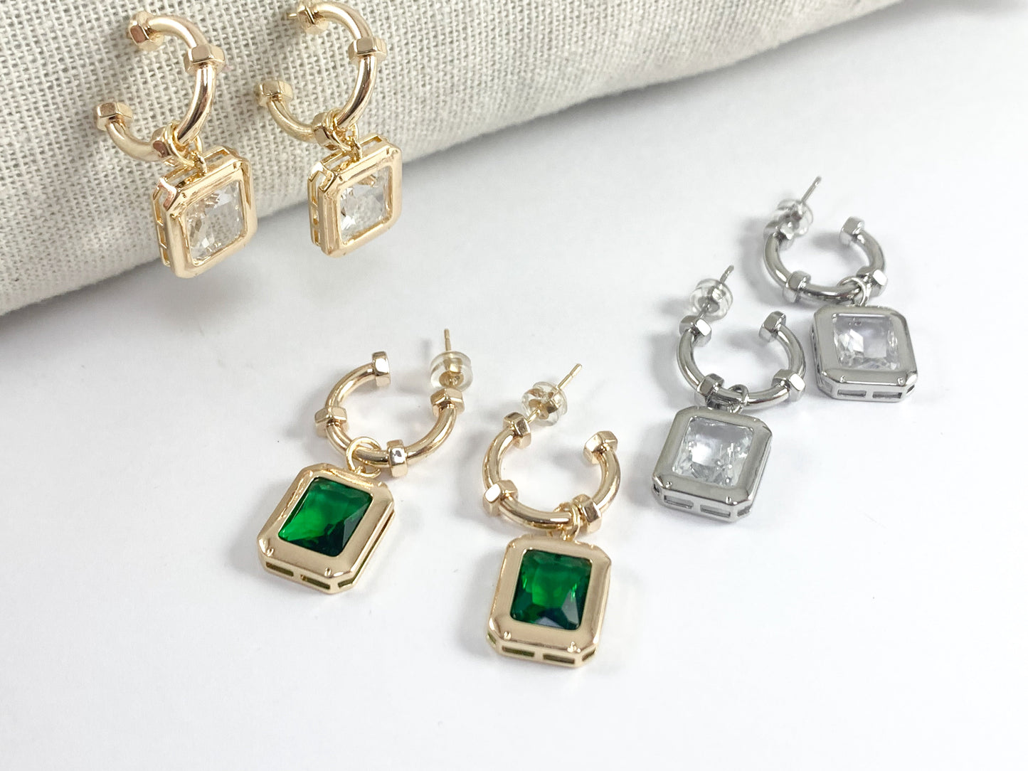 Chic Rectangle Green Clear CZ Pave Dangle Hoop Huggies in 18K Gold or Silver plated over copper 3 pairs