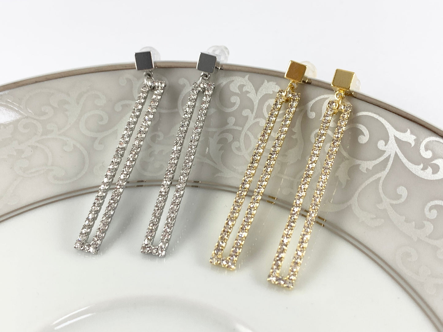 Dazzling Long CZ Pave Rectangle Earrings in 18K Gold or Silver Plating over Copper 3 pairs