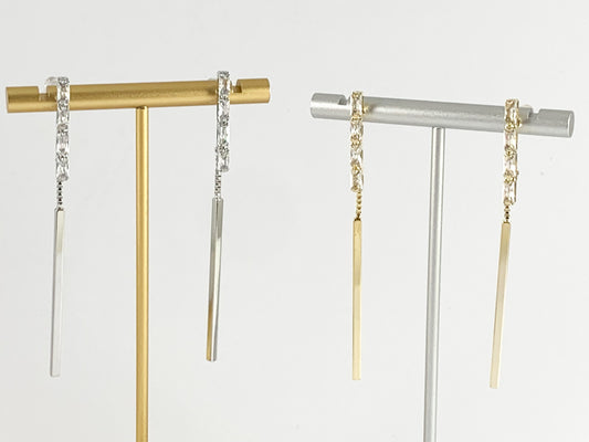 Dainty Long CZ Pave baguette Stick Dangle Earrings in 18K Gold or Silver Plated over Copper 3 pairs