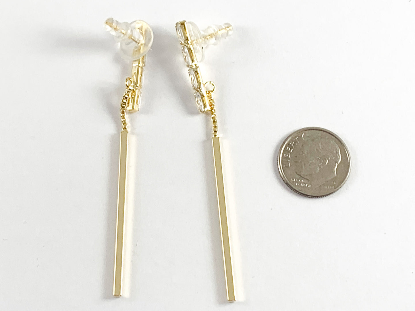 Dainty Long CZ Pave baguette Stick Dangle Earrings in 18K Gold or Silver Plated over Copper 3 pairs