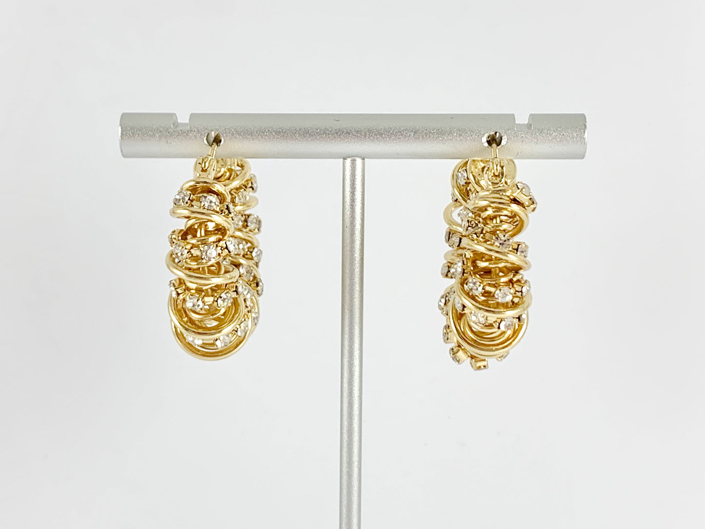 Bling Rhinestone Swirly Twirl Twisted Croissant Earring Hoops in 18K Gold Plated Copper 2 pairs