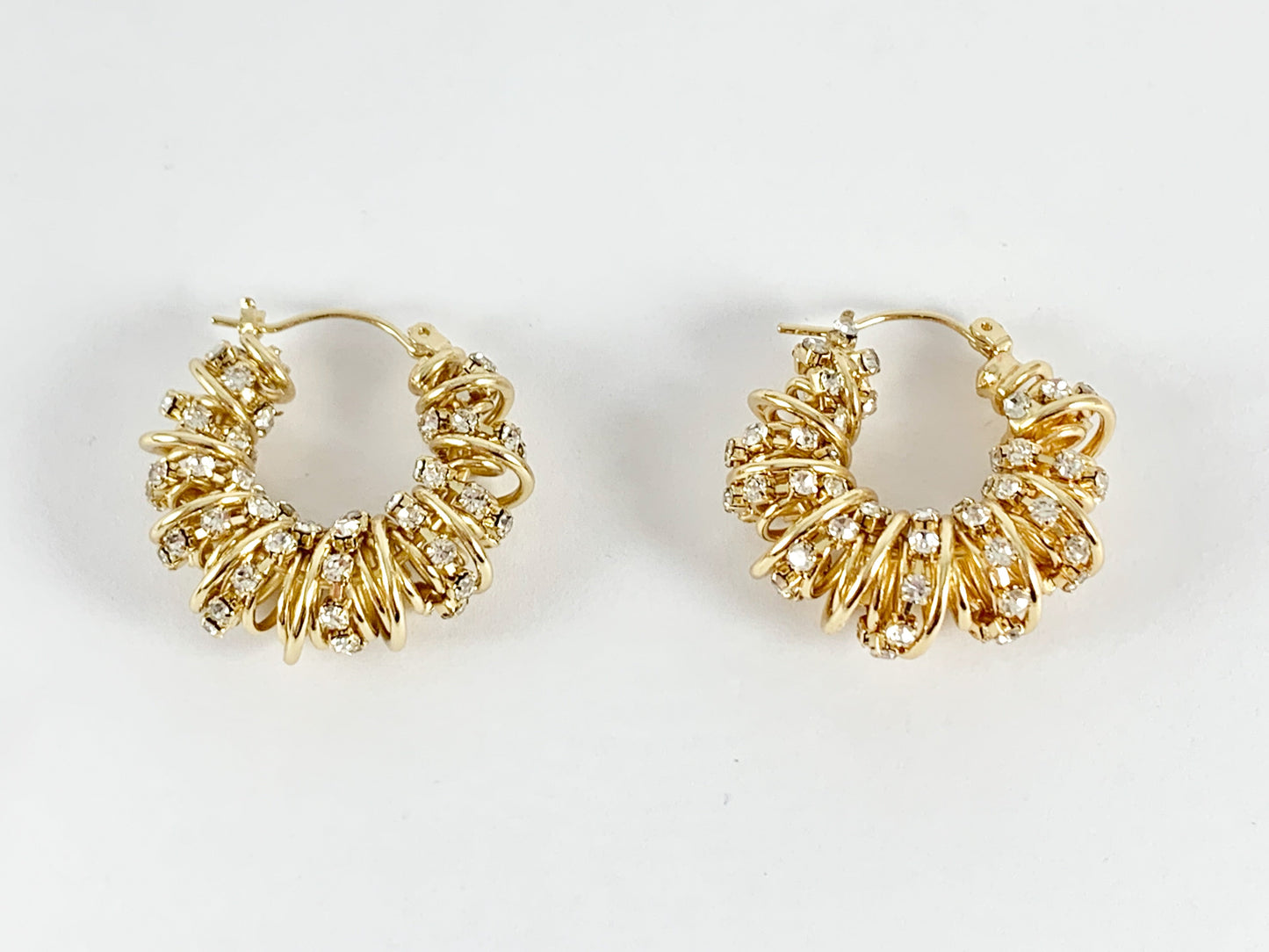 Bling Rhinestone Swirly Twirl Twisted Croissant Earring Hoops in 18K Gold Plated Copper 2 pairs
