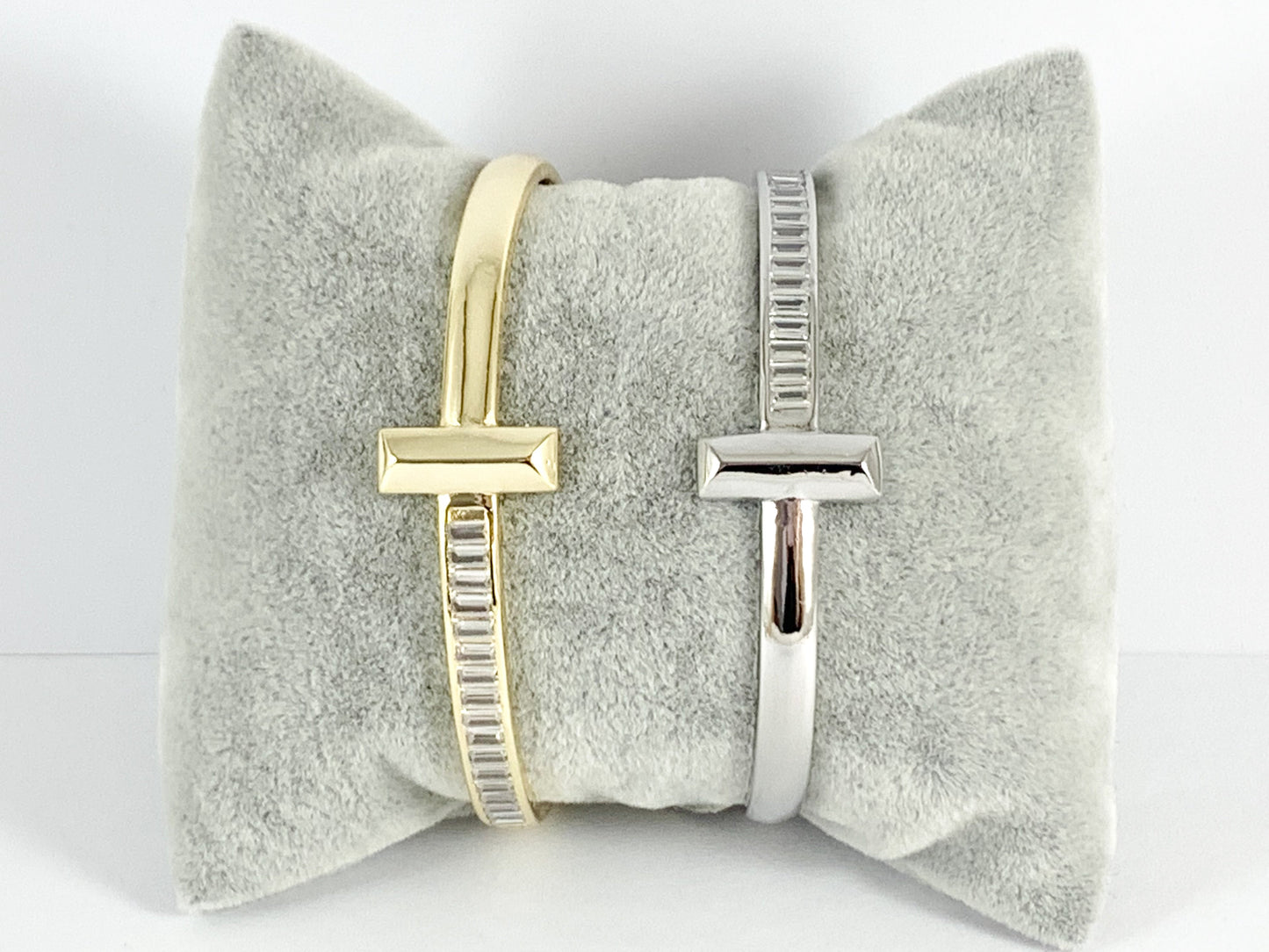 T Shaped CZ Pave Baguette Style Bracelet Cuffs in 18K Gold or Silver plated Copper 1 pc