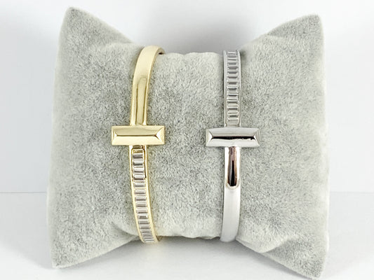 T Shaped CZ Pave Baguette Style Bracelet Cuffs in 18K Gold or Silver plated Copper 1 pc
