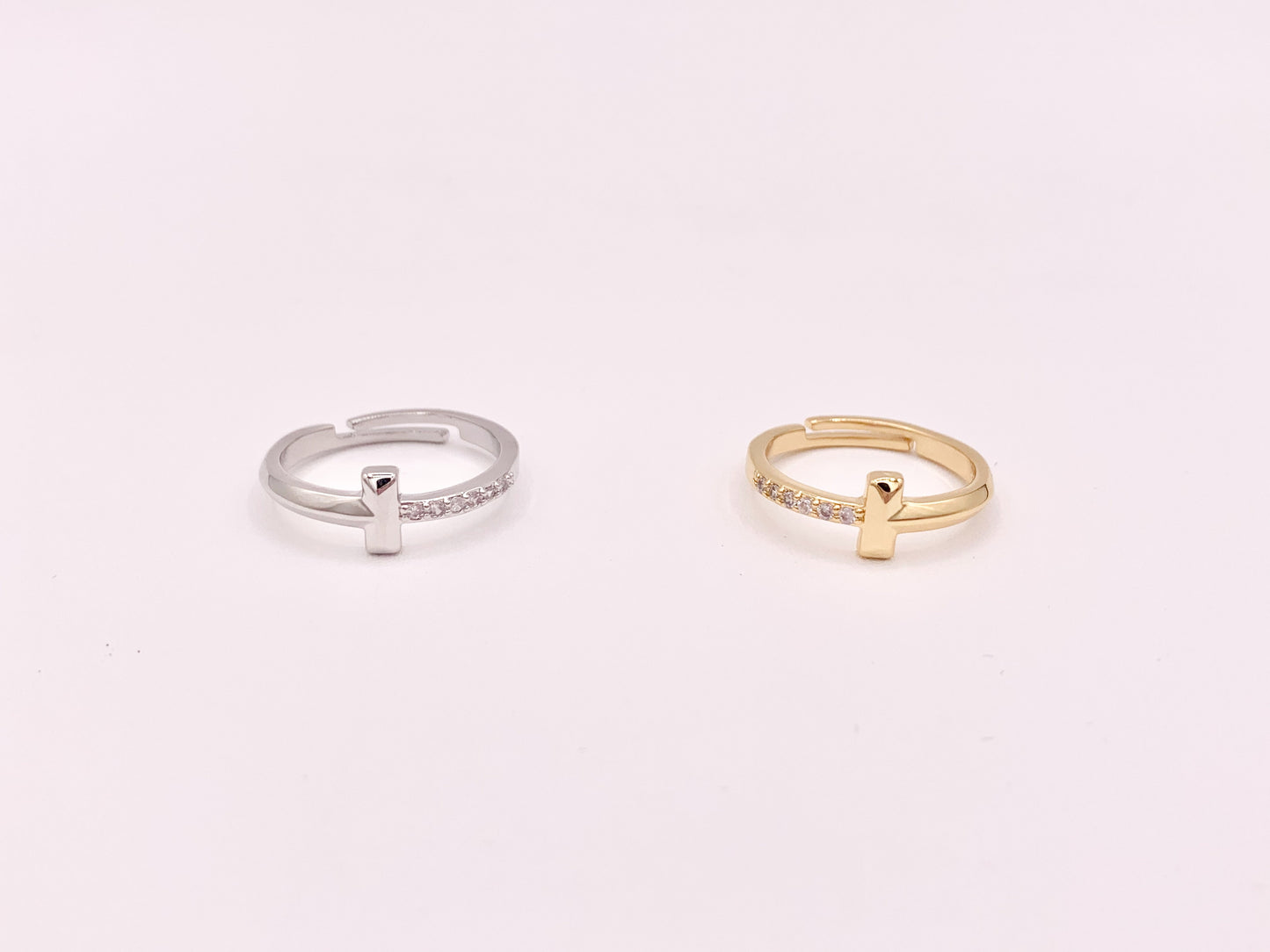 Simple Minimalist T Cross Rings in 18K Gold or Silver Plated Copper 4 pcs