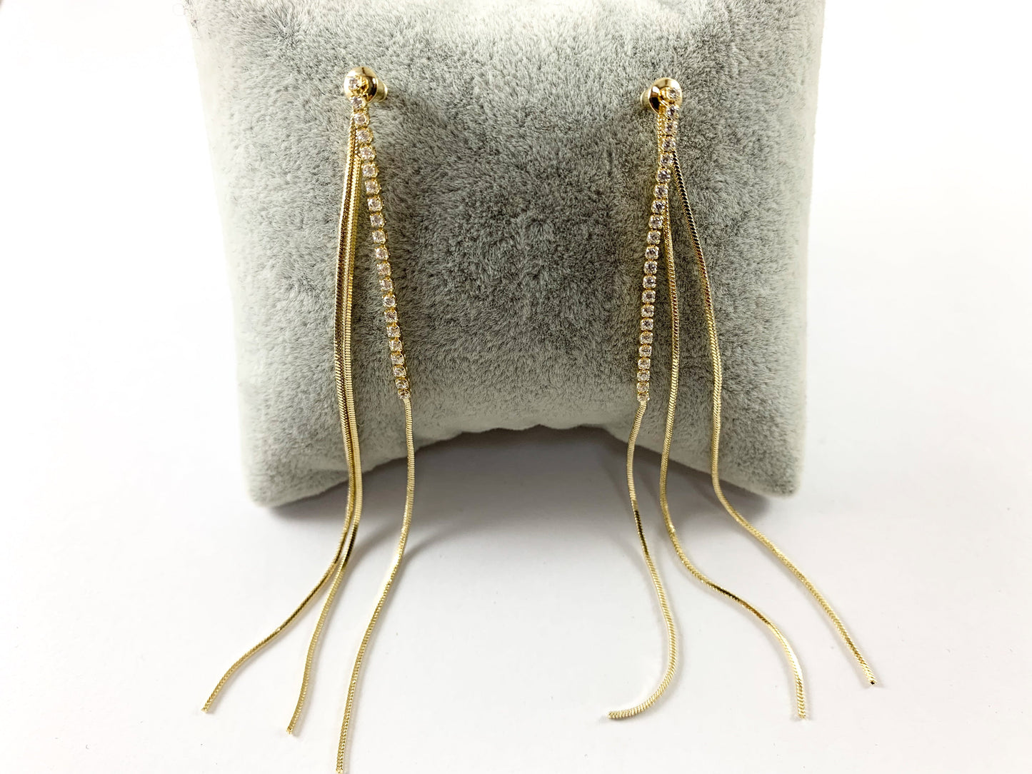 Real 18K Gold or Silver Plated CZ Pave Long Dainty Tassel Earring Over Copper 1 pair