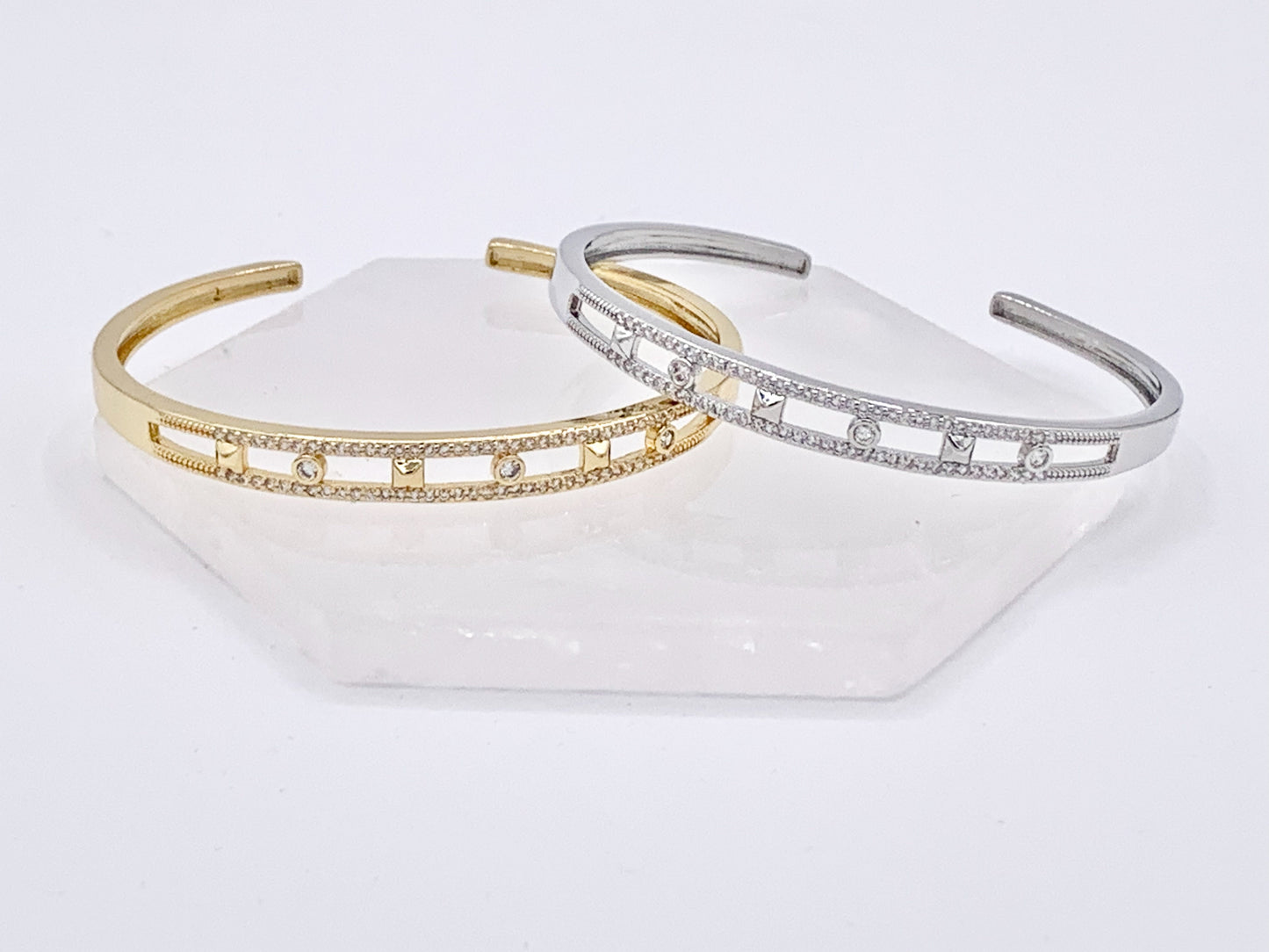 Double Layer CZ Pave Geometric Rhinestone Style Bracelet Cuffs Real Gold/Platinum 18K Plated Copper 1 pc