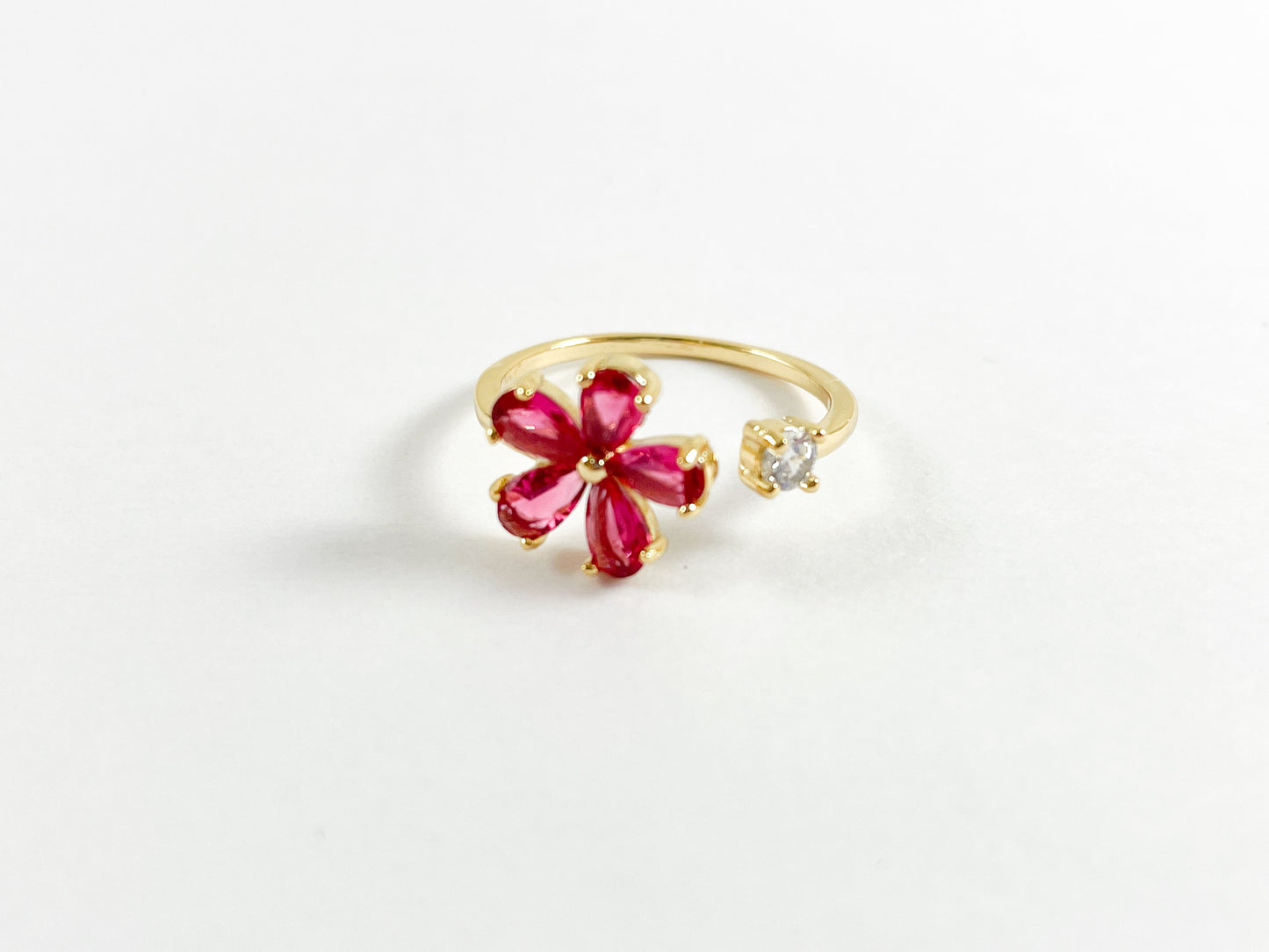 Real Gold 18K Plated CZ Pave Pink Daisy Adjustable Open Front Ring over Copper 6pcs