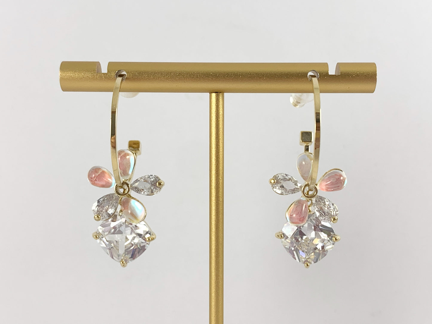 Daisy Diamond Shaped Rhinestone CZ Pave Dangle Earring Hoops in 18K Gold or Silver plated over Copper 2 pairs