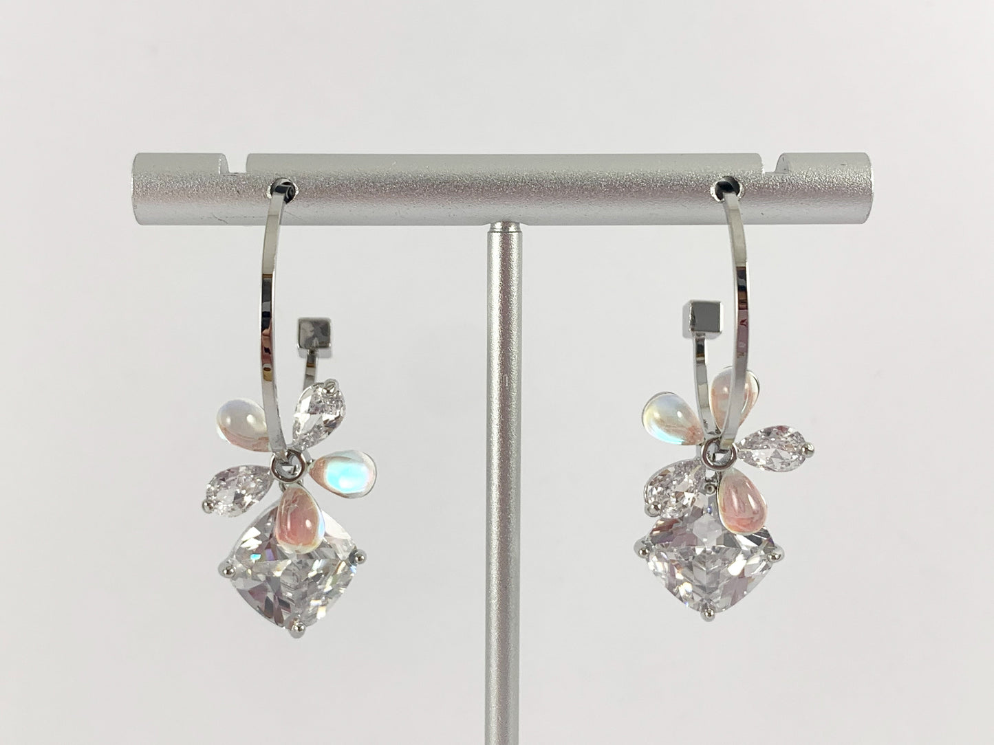 Daisy Diamond Shaped Rhinestone CZ Pave Dangle Earring Hoops in 18K Gold or Silver plated over Copper 2 pairs