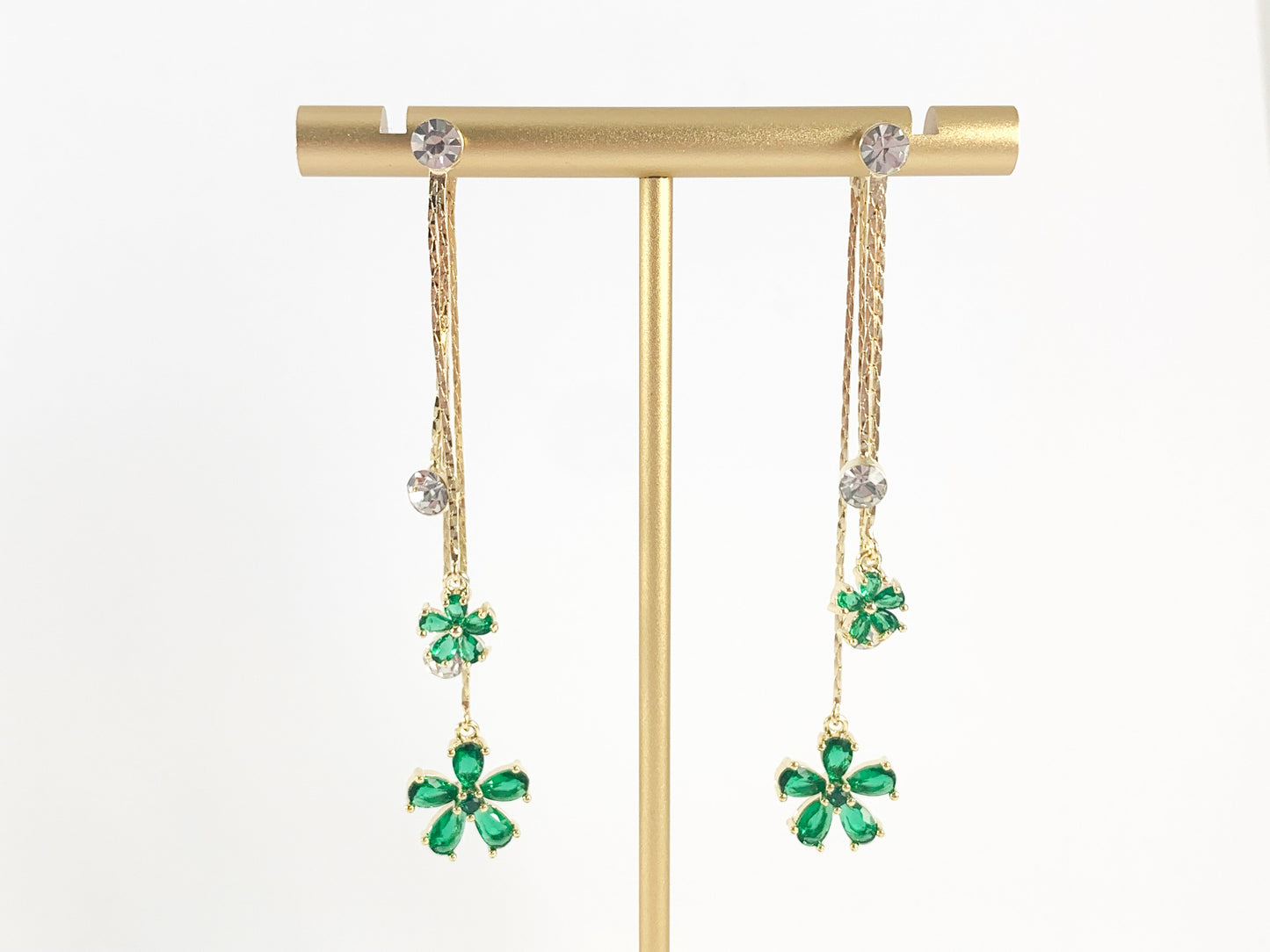 Real 18K Gold/Silver Plated CZ Pave Green Daisy Dangle Tassel Earrings Over Copper 1 pair