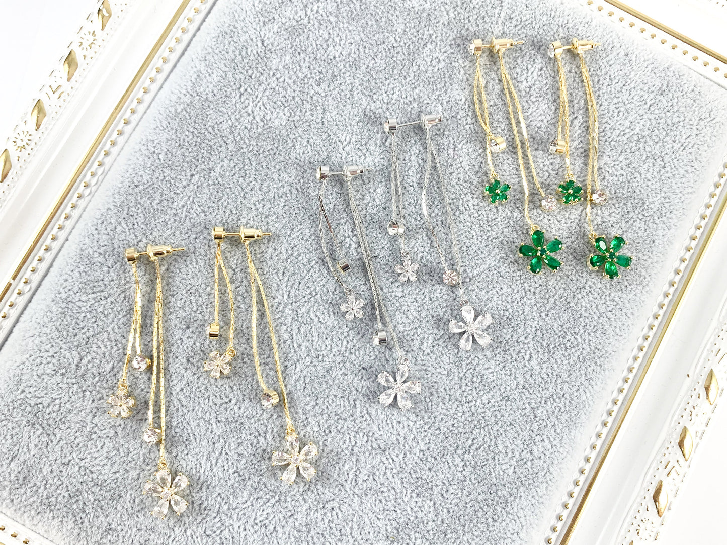Real 18K Gold/Silver Plated CZ Pave Green Daisy Dangle Tassel Earrings Over Copper 1 pair