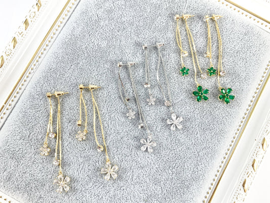 Real 18K Gold/Silver Plated CZ Pave Green Daisy Dangle Tassel Earrings Over Copper 1 pair