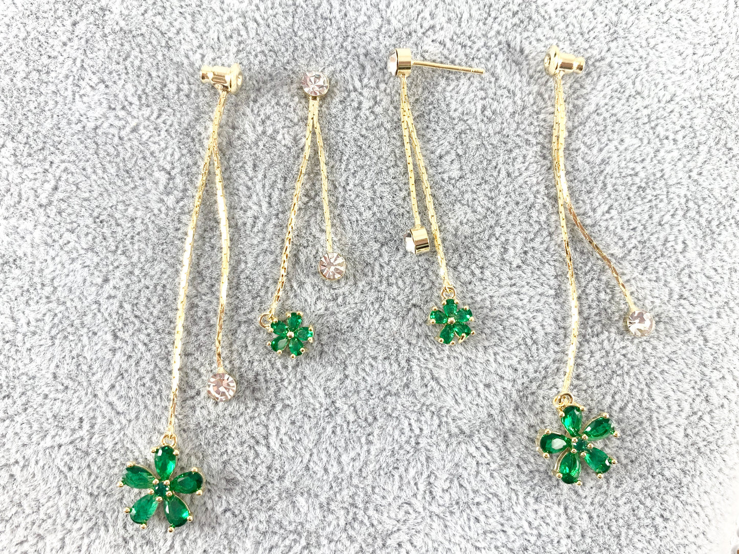 Real 18K Gold/Silver Plated CZ Pave Green Daisy Dangle Tassel Earrings Over Copper 1 pair