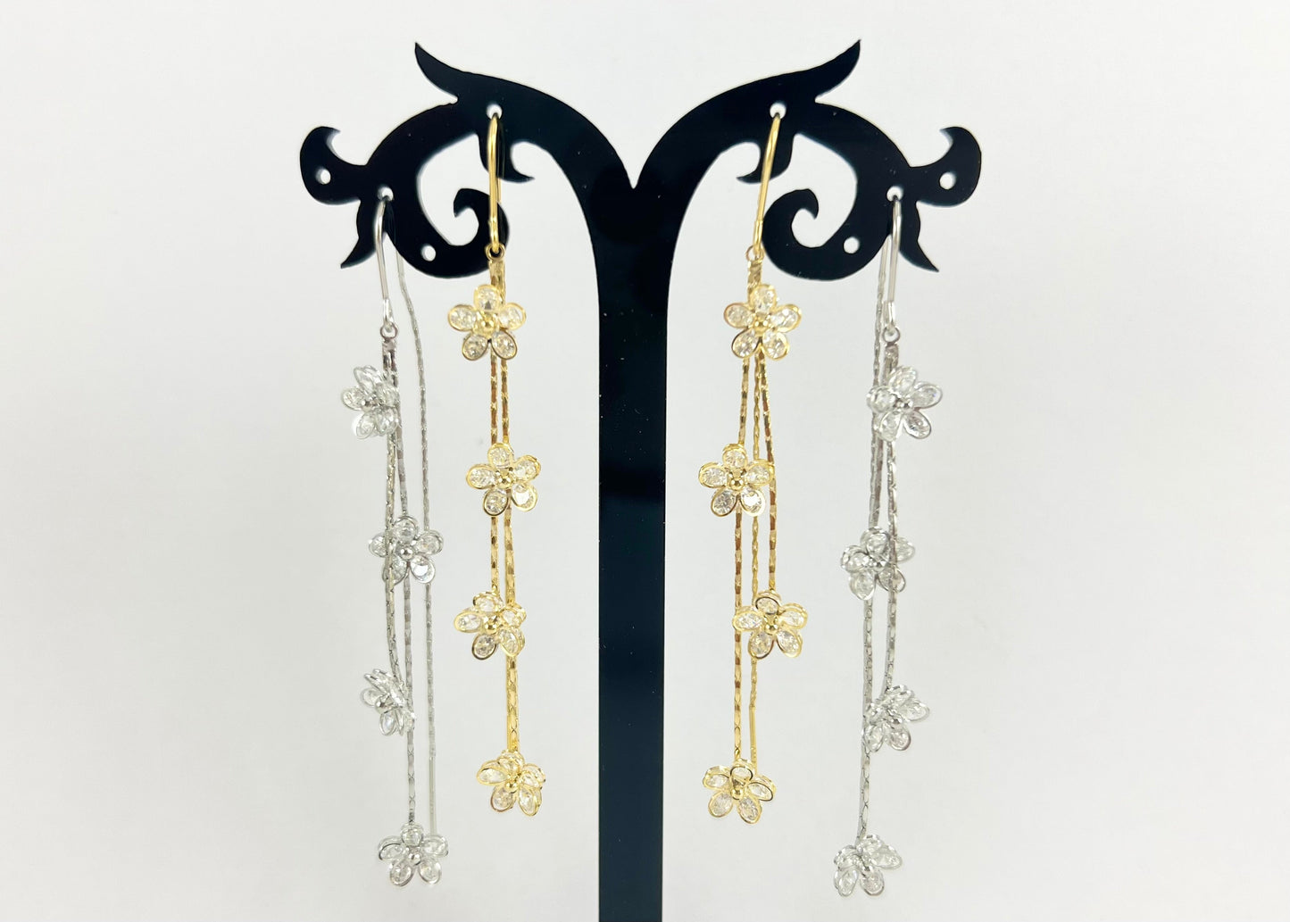 Gold or Silver CZ Daisy Floral Threader Dangle Earrings in 18K Gold Plating over Copper 2 pairs