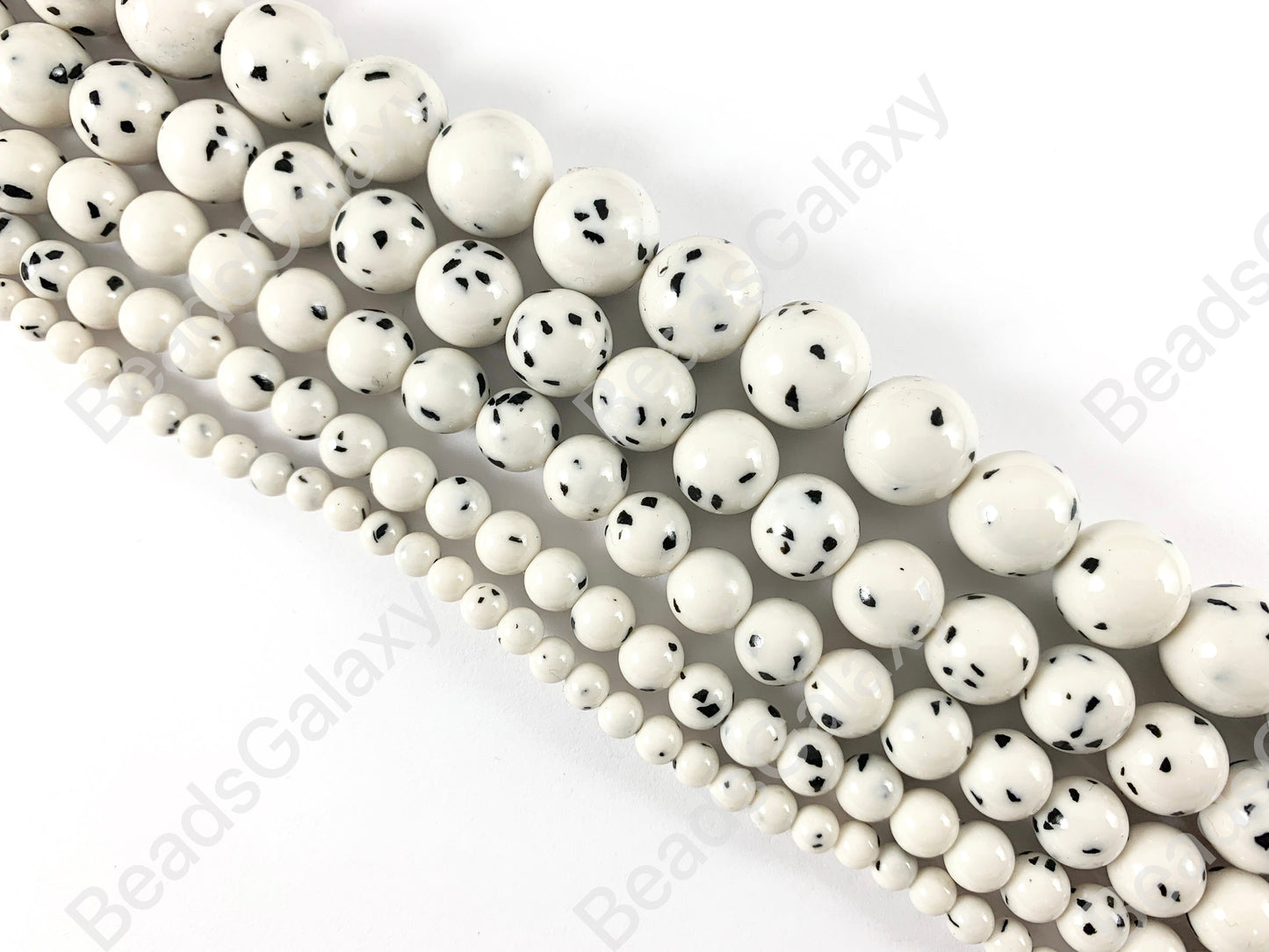 Dalmation Jade - Shiny Smooth Polka Dot Black Flake Round Beads around 15 inch Strands