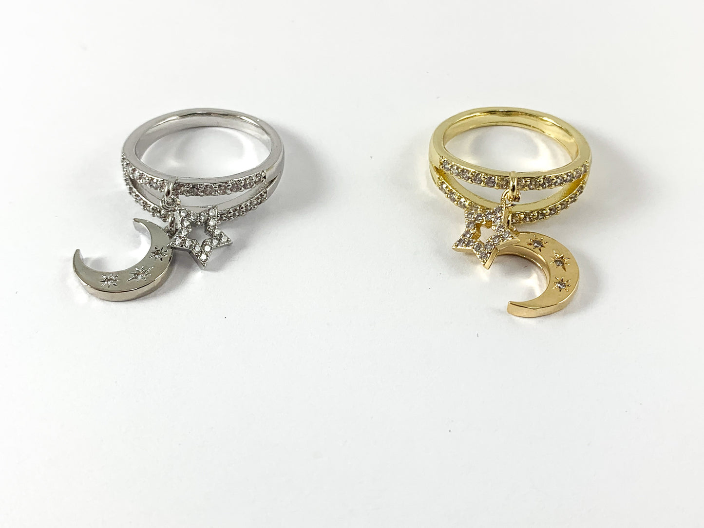 18K Real Gold/Platinum Plated CZ Pave Dangle Moon Star Charms Double Band Ring Size 6.5 4pcs