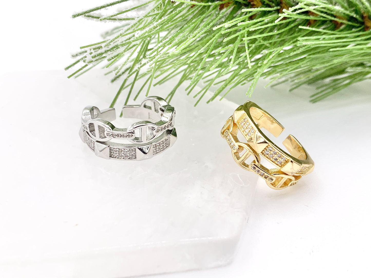 18K Gold and Platinum Plated Double Banded CZ Pave Spike Coffee Bean Mariner Adjustable Ring 4 pcs
