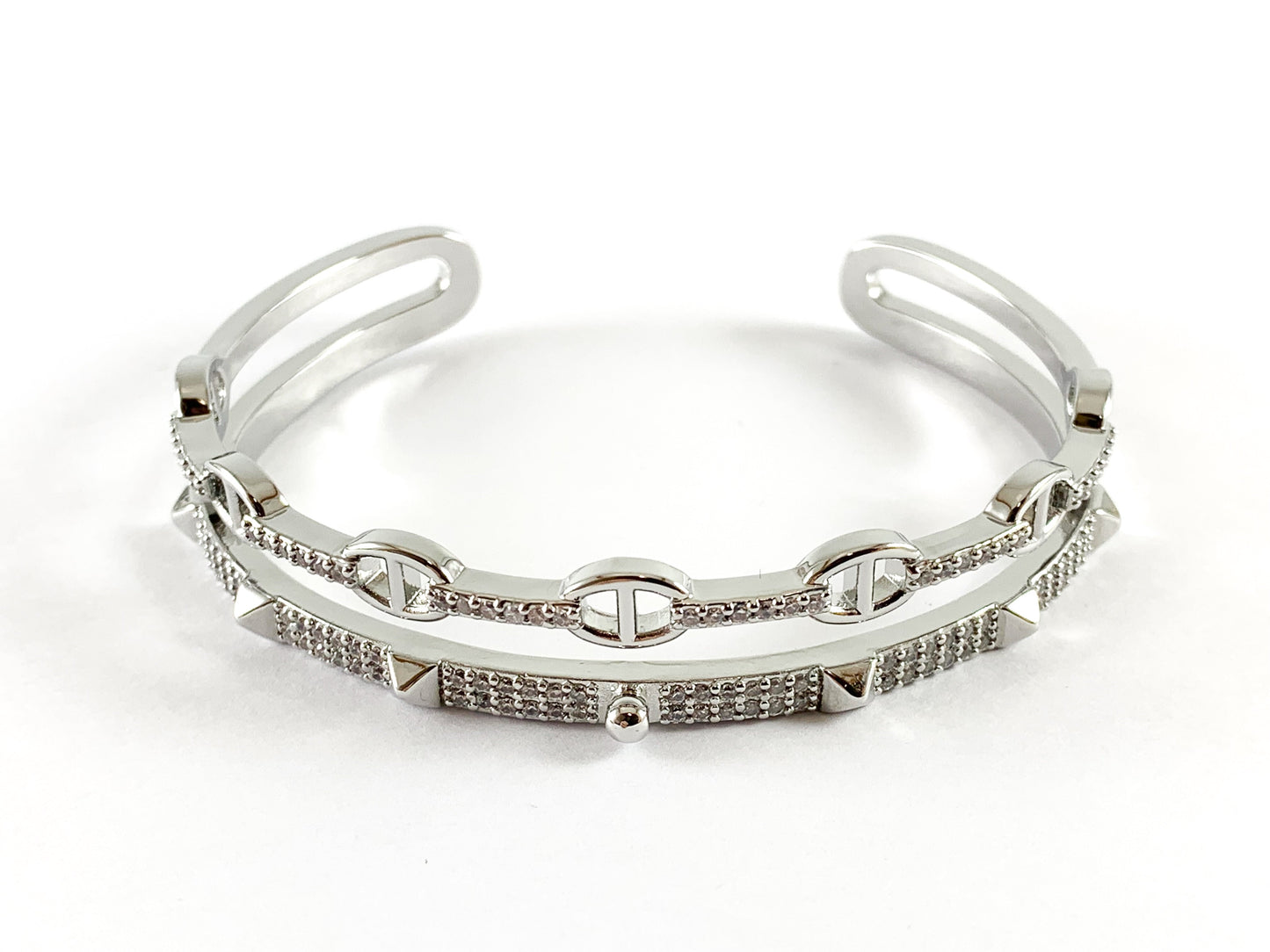Real Gold/Platinum 18K Plated Copper CZ Pave Spike Double Band Shiny Bracelet Cuff 1 pc