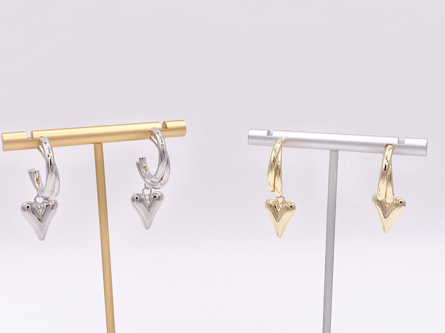 Double Hoop Heart Dangle Huggies in 18K Gold or Silver Plated Copper 3 pairs