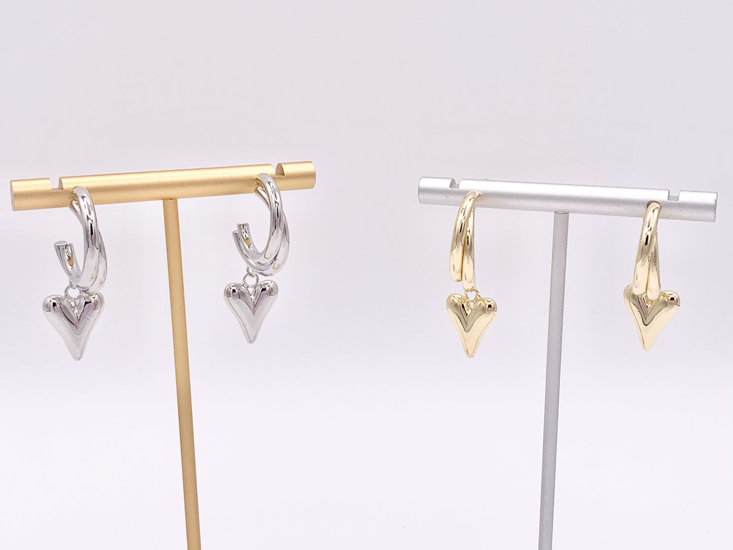 Double Hoop Heart Dangle Huggies in 18K Gold or Silver Plated Copper 3 pairs