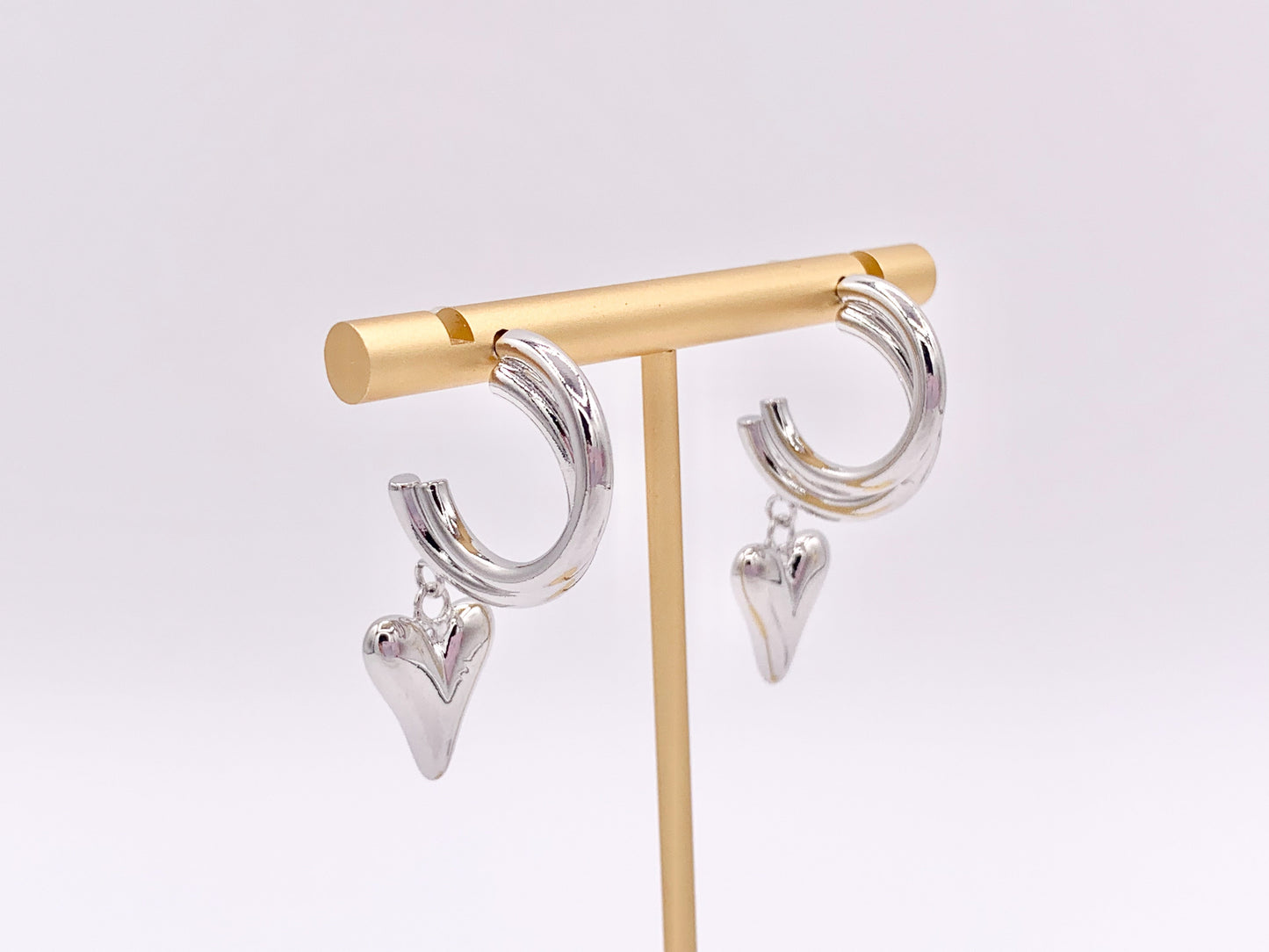 Double Hoop Heart Dangle Huggies in 18K Gold or Silver Plated Copper 3 pairs