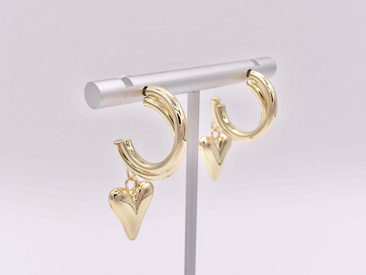 Double Hoop Heart Dangle Huggies in 18K Gold or Silver Plated Copper 3 pairs