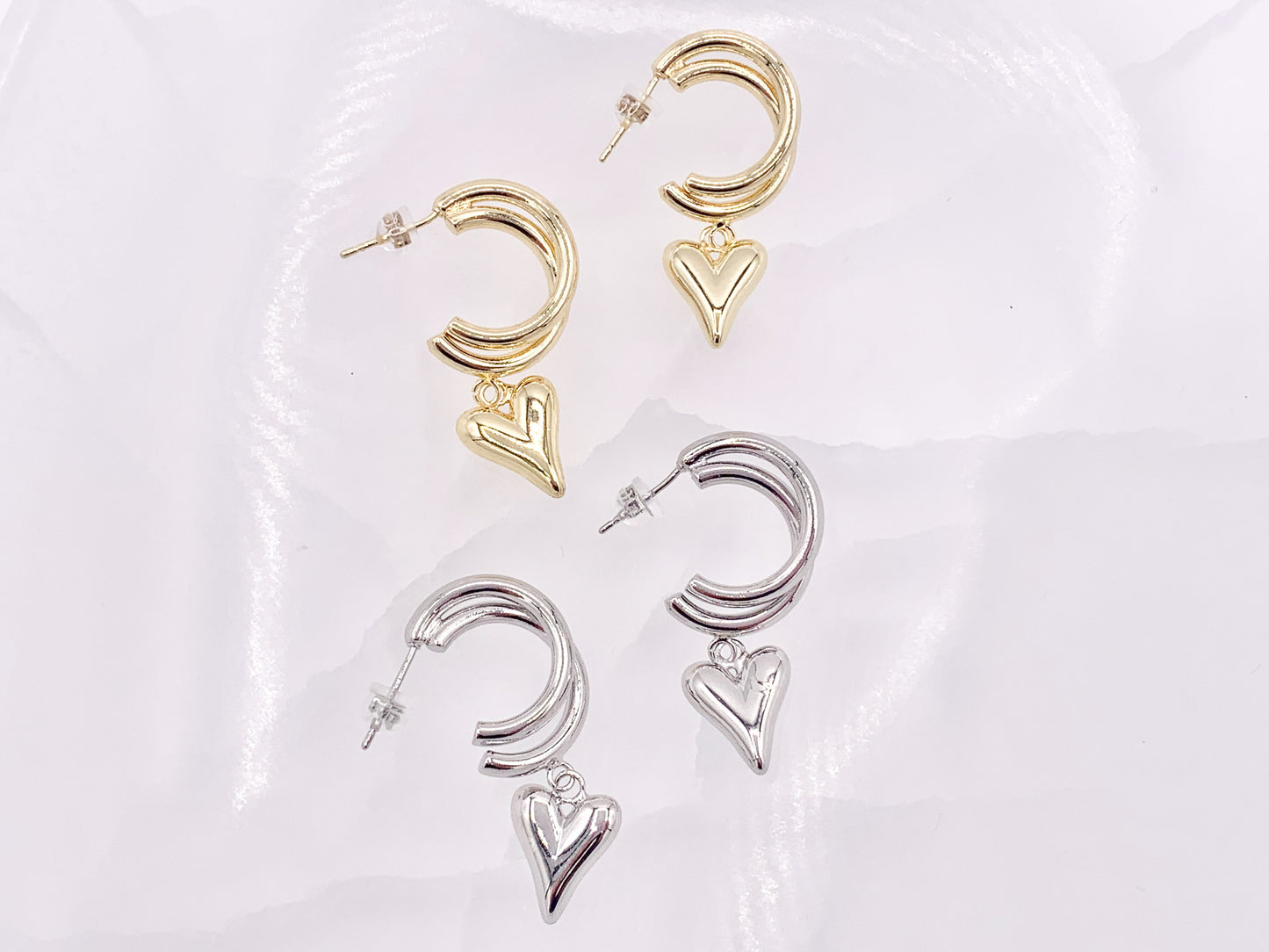 Double Hoop Heart Dangle Huggies in 18K Gold or Silver Plated Copper 3 pairs