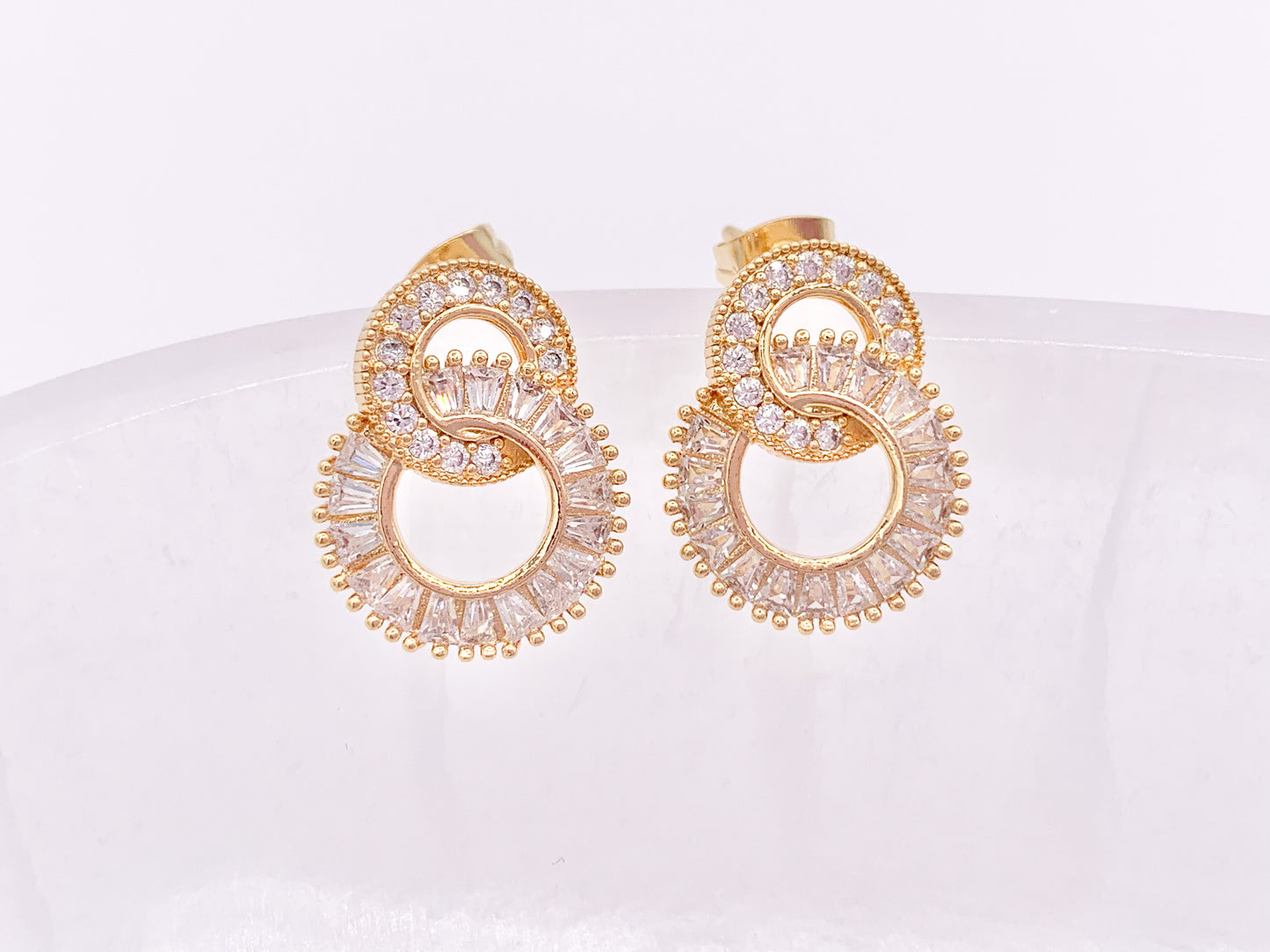 Double Circle Loop Interlock Earring Studs in Rhinestone CZ Pave Designed in 18K Gold or Silver Plated Copper 3 pairs