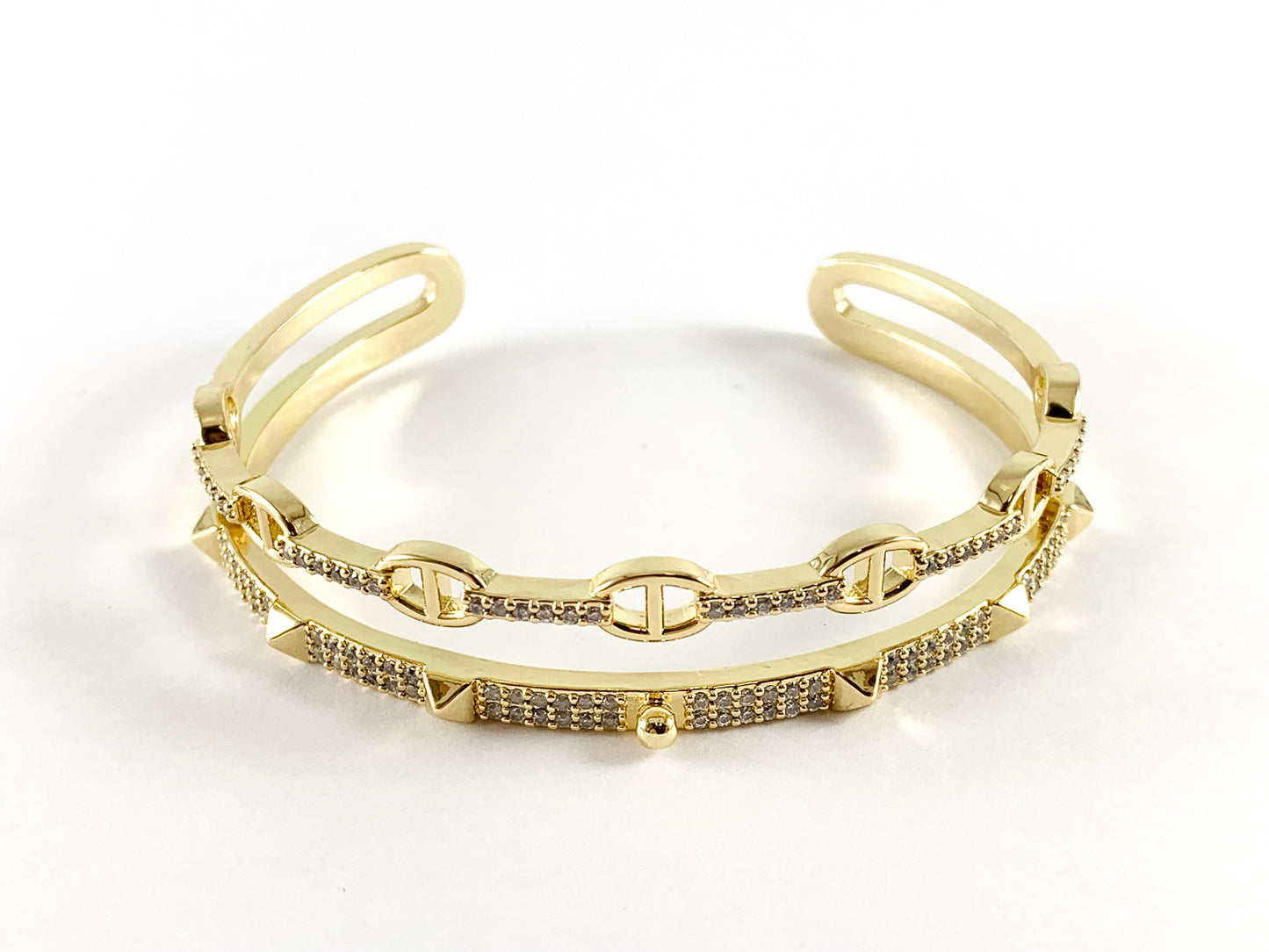 Real Gold/Platinum 18K Plated Copper CZ Pave Spike Double Band Shiny Bracelet Cuff 1 pc