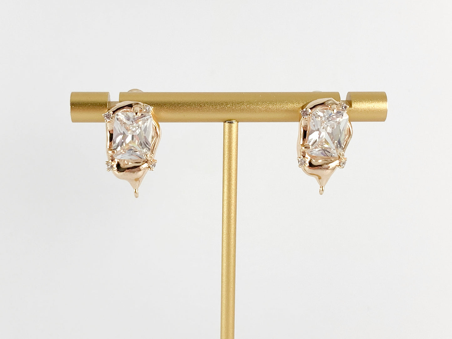DIY Unique Dazzling Emerald Cut CZ Pave Gold Earring Studs Component with loop in 18K Gold Plated Over Brass Earrings 4 pairs