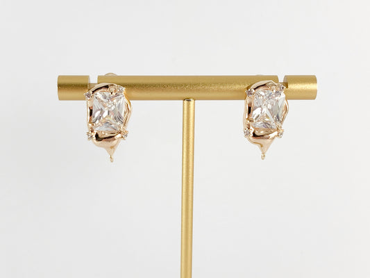 DIY Unique Dazzling Emerald Cut CZ Pave Gold Earring Studs Component with loop in 18K Gold Plated Over Brass Earrings 4 pairs