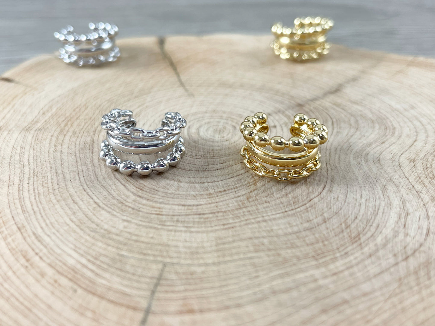 Ear Cuffs- Triple Band Beaded Link Cuffs in 18K Gold and Platinum Plating (No Piercing!!) 10pcs