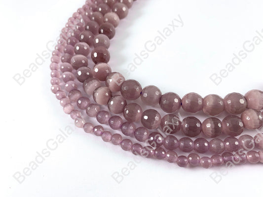 Faceted Round Cat's Eye Dyed Eggplant Purple Beads Around 15"