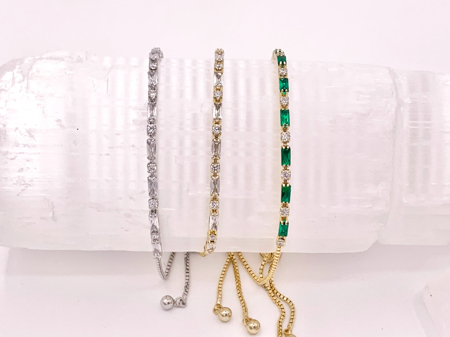 Dainty Emerald Cut CZ Pave Rhinestone Box Chain Dainty Slide Adjustable Bracelets 4 pcs