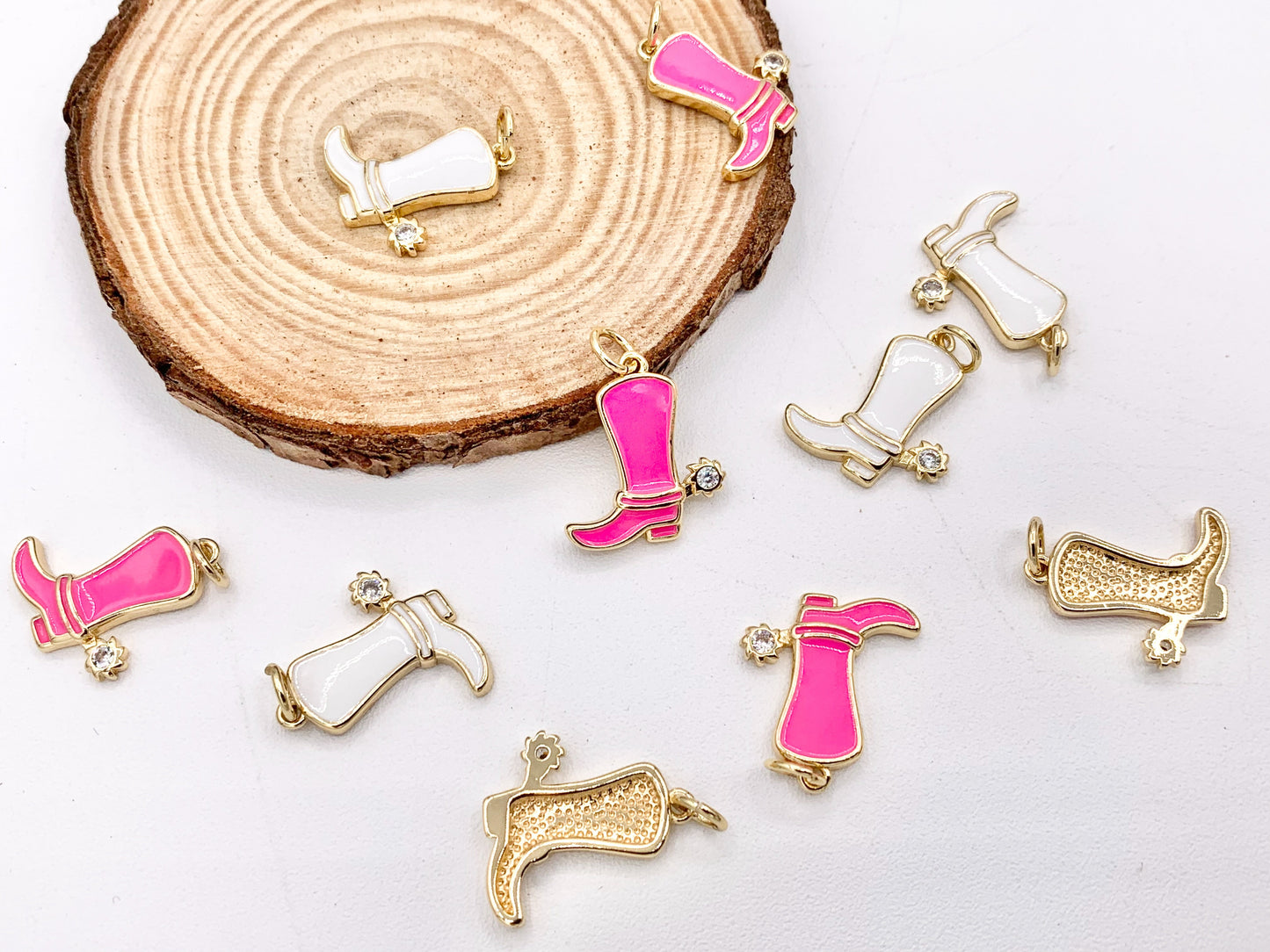 Pink White Western Cowboy Boots Texas Ranch One Sided Enamel Pendant Charms in CZ Pave 18K Gold Plated Copper 8pcs