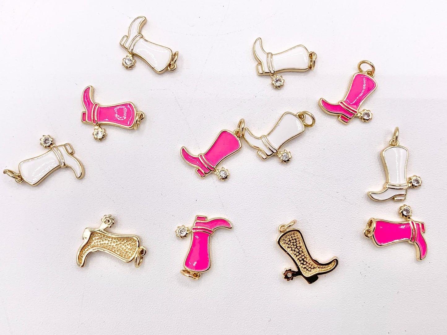 Pink White Western Cowboy Boots Texas Ranch One Sided Enamel Pendant Charms in CZ Pave 18K Gold Plated Copper 8pcs