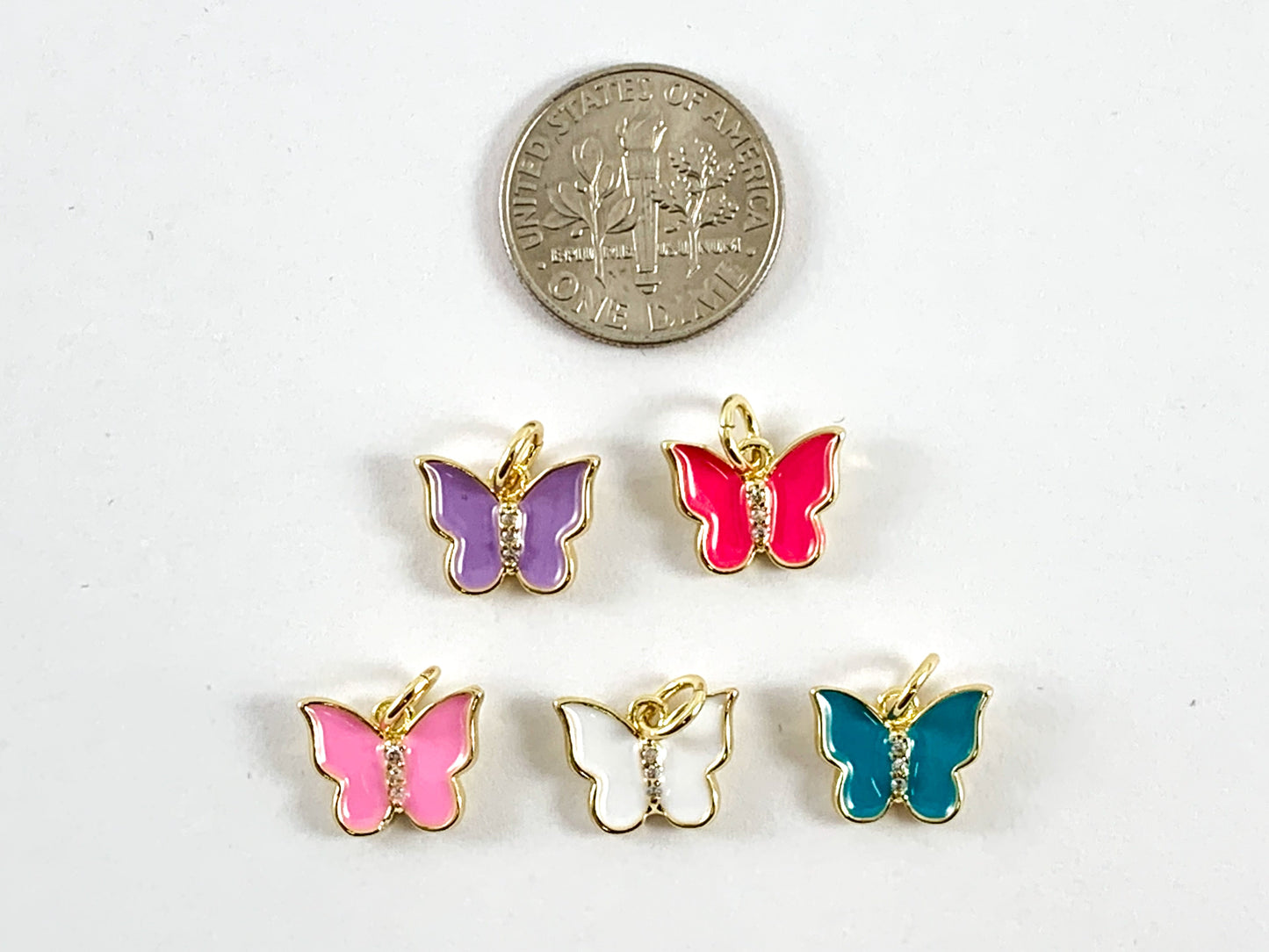 Real Gold 18K Plated Enamel & CZ Pave Butterfly Charm Over Copper 8 pcs