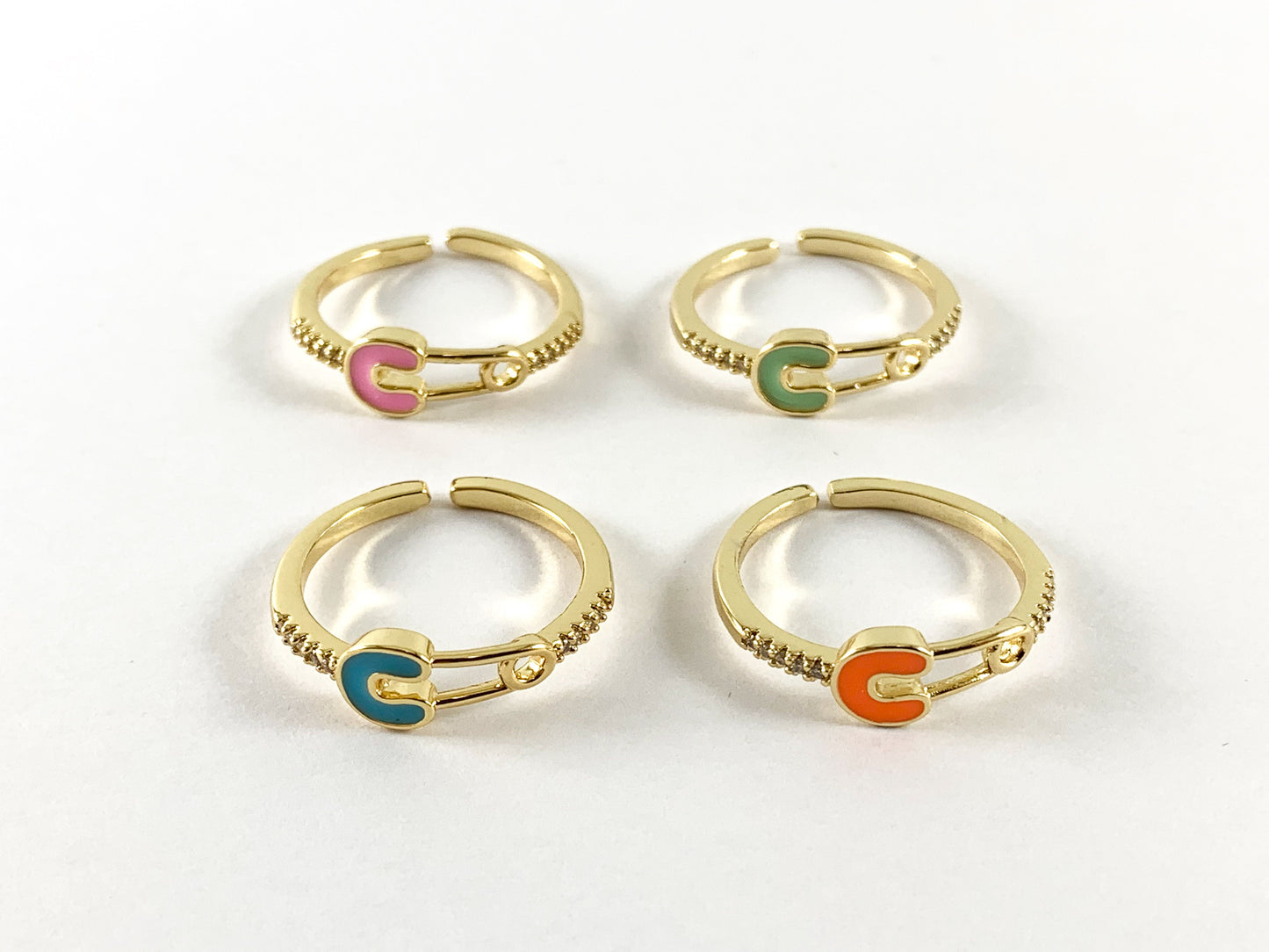 Neon Colorful Enamel 18K Gold Plated Copper CZ Pave Adjustable Ring 4pcs
