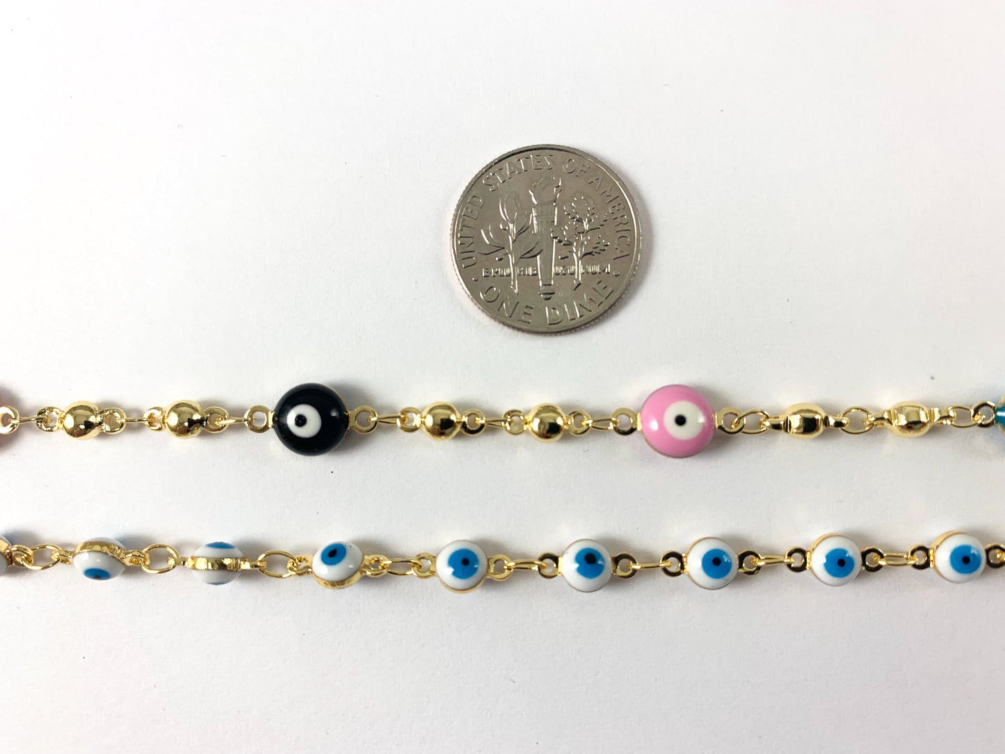 Real Gold 18K Plated Enamel Multicolor Blue White Tiny Evil Eye Yard Spool Chain