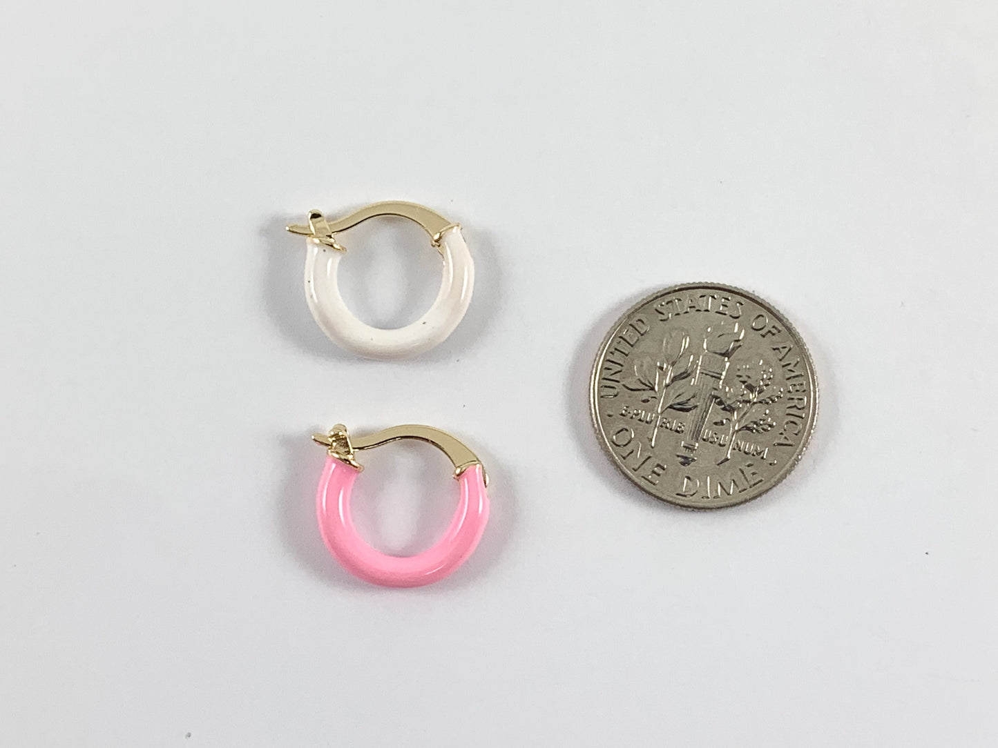 Real Gold 18K Plated Enamel Pink White Gold Earring Hoop Huggies 5 pairs