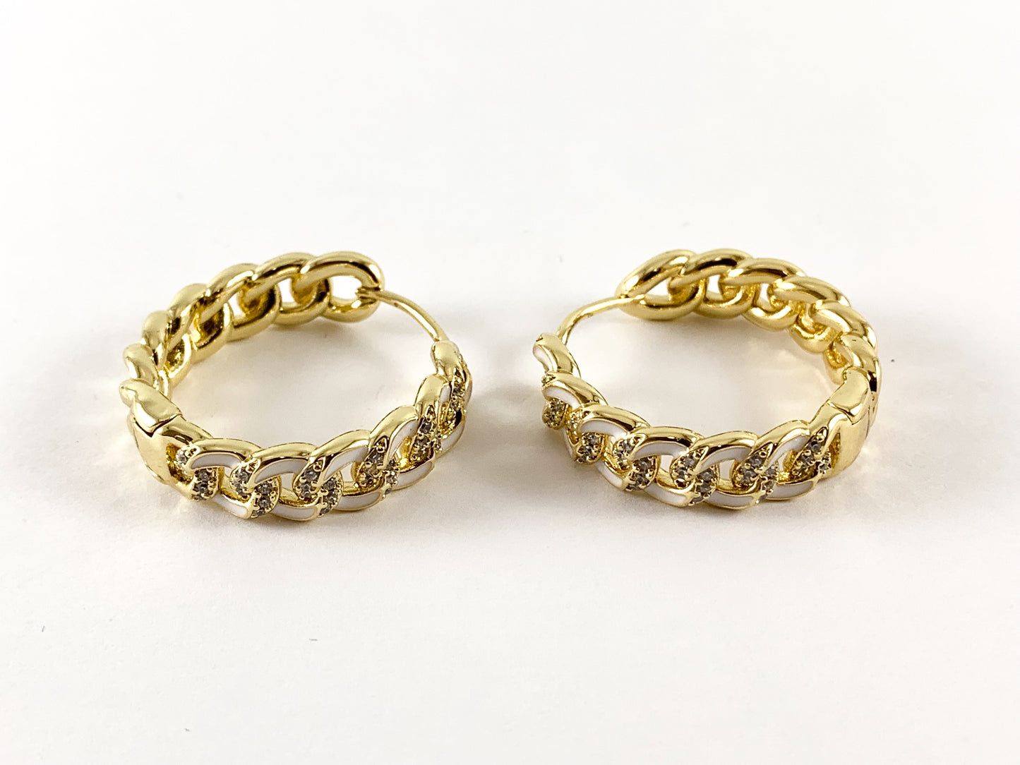 Real Gold 18K Plated CZ Pave Enamel Cuban Link Earring Hoops 1 pair