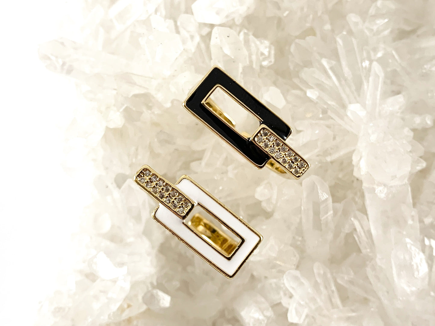 18K Real Gold Plated CZ Pave Enamel Geometric Vintage Open Rectangle Statement Ring 4pcs