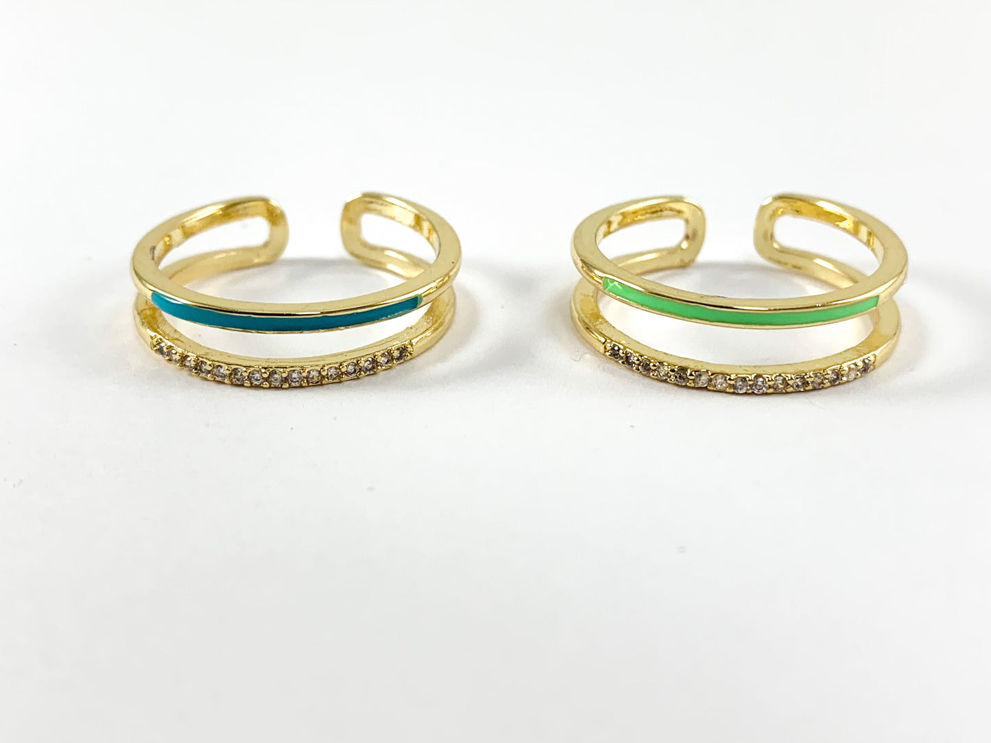 Neon Colorful Enamel 18K Gold Plated Copper CZ Pave Double Band Adjustable Ring 4pcs