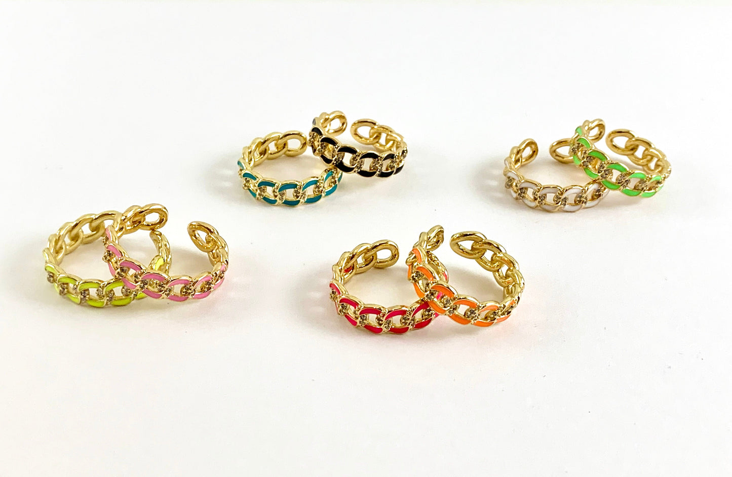 Neon Colorful Enamel 18K Gold Plated Copper CZ Pave Cuban Link Adjustable Ring 4pcs