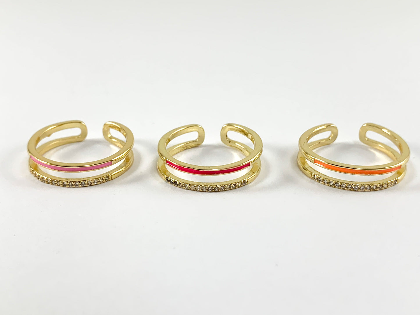 Neon Colorful Enamel 18K Gold Plated Copper CZ Pave Double Band Adjustable Ring 4pcs