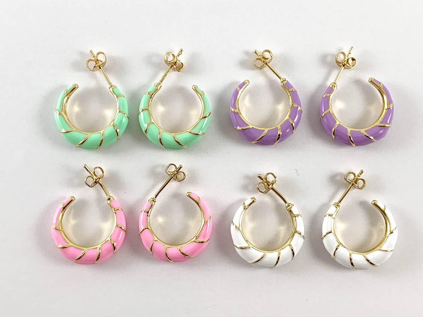 Real Gold 18K Plated Enamel Pastel Neon Gold Earring Hoops 3 pairs