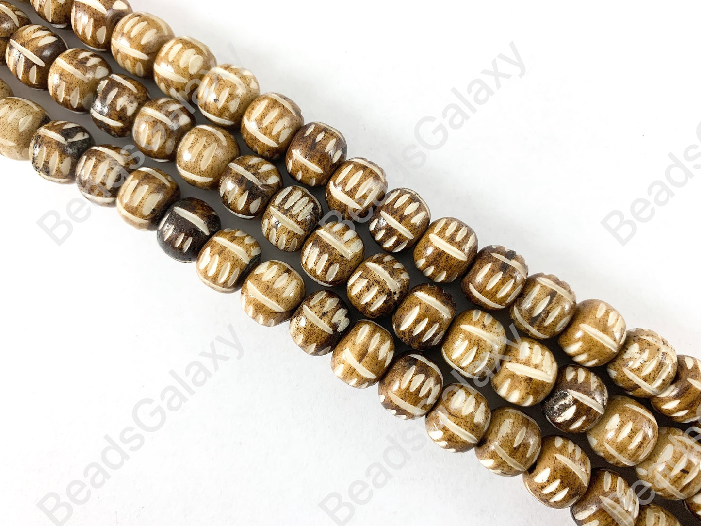 Hand Carved Bone -Tan Brown Etched Shiny Glossy Finish Bone Beads